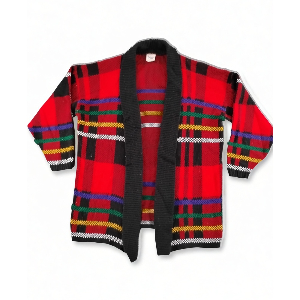 Vintage Grandpa Sweater Small Preppy Grunge Open Cardigan Plaid Knit